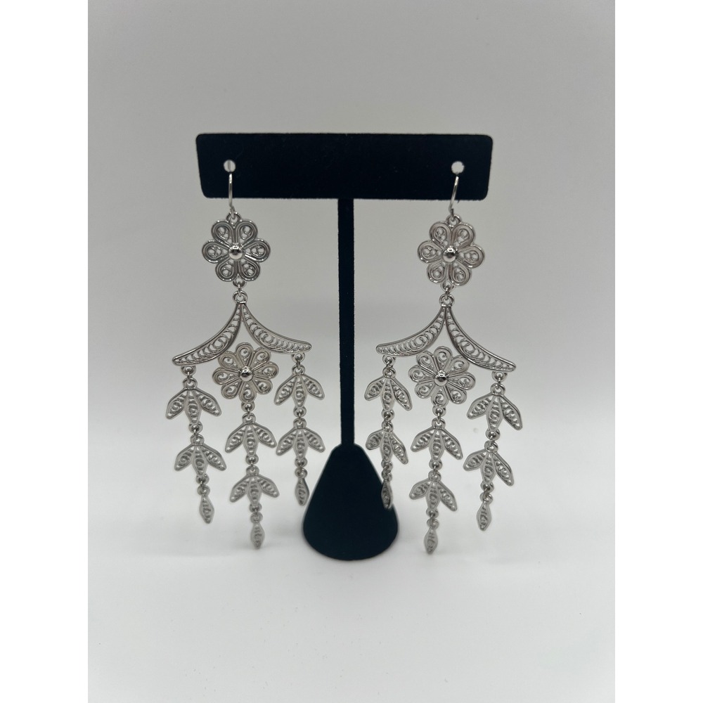 Silver Tone Filigree Chandelier Earrings Floral Leaf Dangle Drop Statement Boho